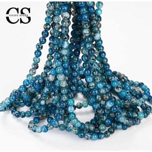 Blue Agates Beads Smooth Black Pattern Round Loose Stone Beads for Jewelry Making DIY Bracelet Necklace Charms Accessories