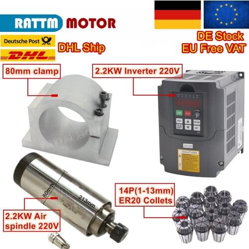 〖EU Free Tax〗2.2Kw Air Cooled Spindle Motor 220V 8A 24000rpm ER20 Runout-off 0.01mm 4bearing & HY Inverter & 80mm Clamp & Collet