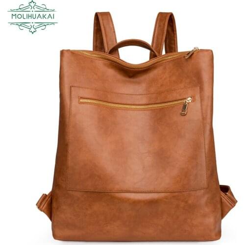 Classic Retro PU Leather Ladies Backpack Large Capacity Fashion Handbag Femme College Style Backpack Travel Bag Casual Girl Sac