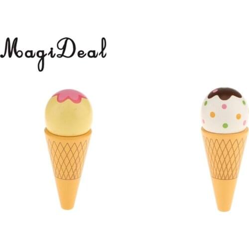 MagiDeal High Simulation 1Pc Wooden Magnet Connected Ice Cream Cone Food for Kids Pretend Play House Kitchen Squishy Toy 2Colors