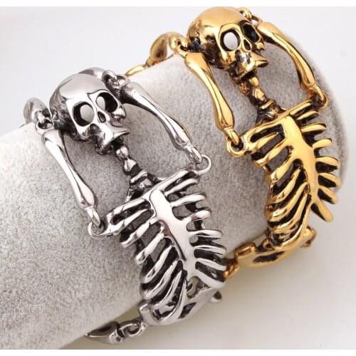 Skull Bracelet Big Skeleton Bones Statement Punk Jewelry Gold Color Stainless Steel Christmas Gift Gothic Bracelets Men