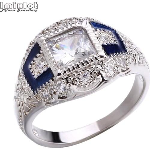 New Hot White Blue Crystal Rings For Women Flower Design Imitation Gems Engagement Wedding Ring Fashion Jewelry