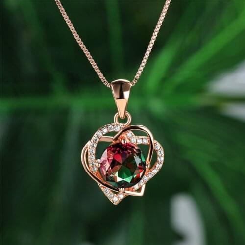 Charm Female Rainbow Round Pendant Necklace Rose Gold Color Chain Necklaces For Women Cute Crystal Love Heart Wedding Necklace