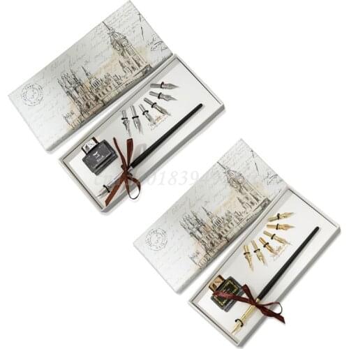 OOTDTY Vintage English Calligraphy Dip Pen Fountain with Ink Nibs Set Office Stationery