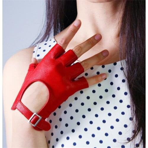 Real Leather Half Fingers Gloves Black Silver Square Buckle Ultra-Thin Pure Sheepskin Fingerless Mittens Touchscreen ZP06