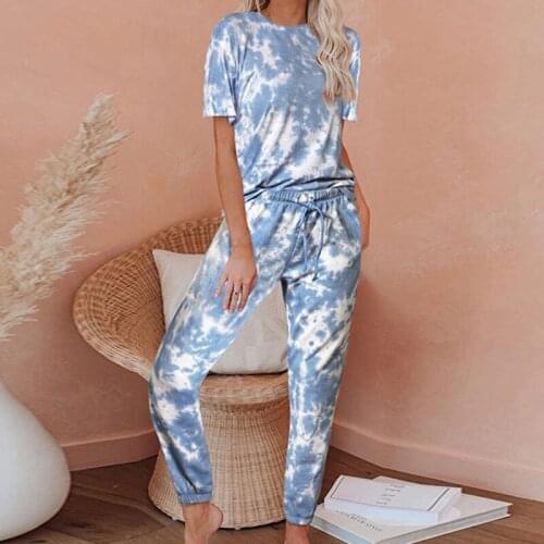 2021 Clothing New Fashion Popite Short Sleeve Gradient Printing Tie Dyed Pajamas Two-Piece Set Women