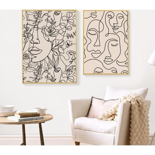 Single Line Drawing Woman Face Poster Art Print Beige Neutral Wall Pictures Bohemia Style Decorative Canvas Painting Living Room