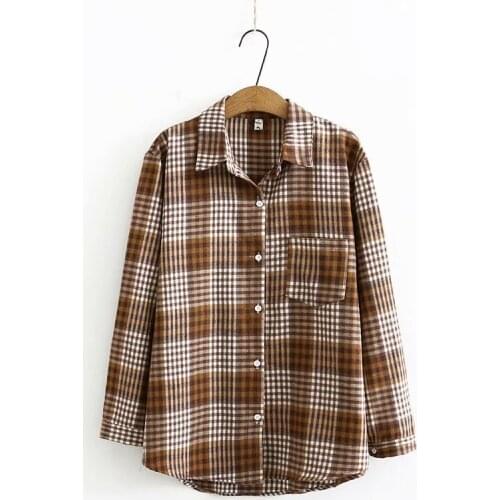 Plus size plaid cotton women loose brwon shirts 2021 new spring autumn casual ladies soft blouse female tops
