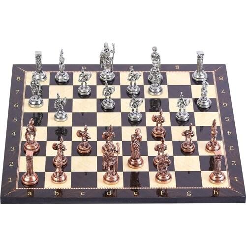 Antique Copper Rome Figures Metal Chess Set for Adult,Handmade Pieces and Walnut Patterned Wood Chess Board King 7cm