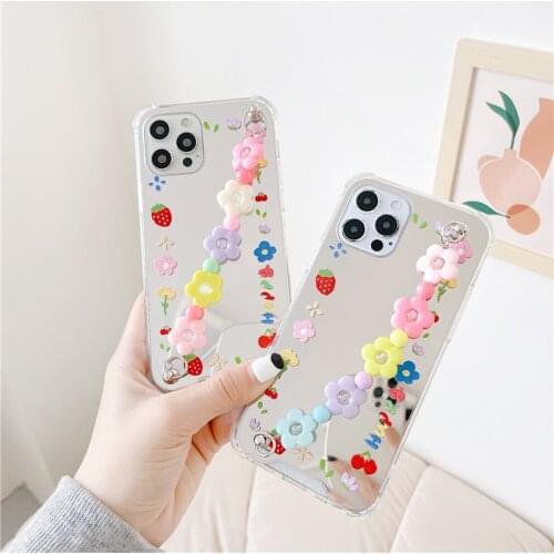 INS Daisy Makeup mirror Silicone Phone Chain case for iphone 12 Pro Max 12 11 Pro Max XR X XS Max 7 8 plus Square Back cover