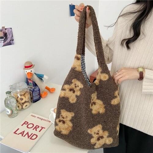 2021 Women Lamb Like Fabric Shoulder Tote Bag Canvas Fluffy Fur Bear Handbags Large Capacity Soft Shopping Bags Cute School Bag