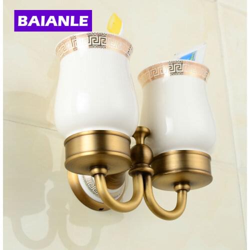 Top Quality Luxury European style Antique Copper Ceramics Toothbrush Tumbler&Cup Holder with 2cups Wall Mounted Bath Product
