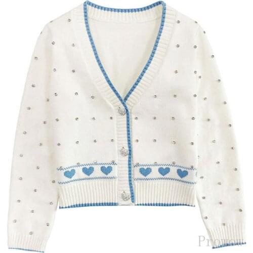 2021 Autumn Thick Cropped Cardigan Women V Neck Crystal Beaded Buttons Sweetheart Jacquard Knit Cardigan Short Sweater Coat