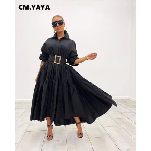 CM.YAYA Women Long Dress Solid Full Sleeve Turn-down Collar Loose A-line Maxi Dresses Without Belt Fashion Outfit Autumn 2021