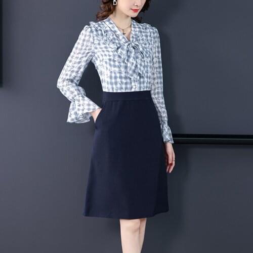 Only Plus 2021 Women Autumn Slim Plaid Blue Dress Office Lady Ruffle Sleeve Patchwork Dresses Trumpet Sleeve A-line V-neck Dress