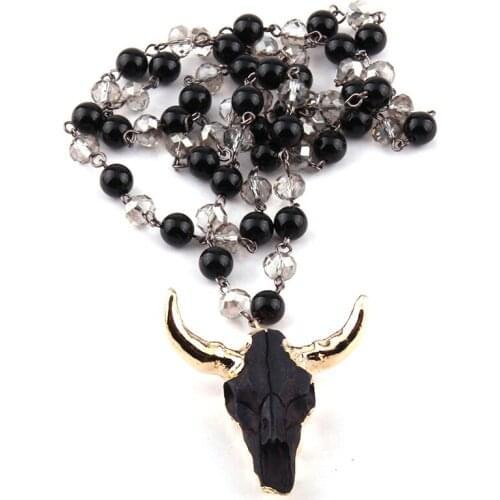 Fashion Bohemian Jewelry Rosary Chain Link Crystal Black Color Horn Pendant Necklace For Women Ethnic Necklace