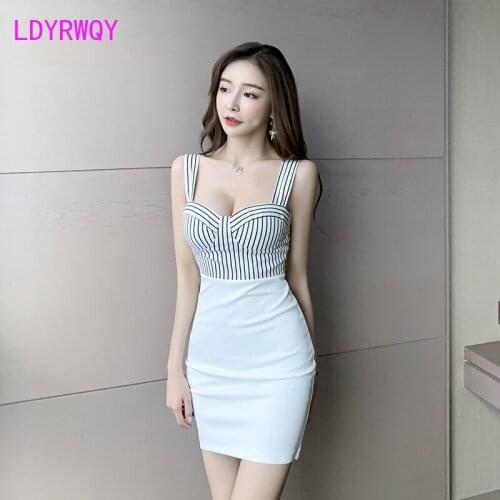 LDYRWQY Low-cut sexy striped stitching sling dress temperament exposed backpack hip tight Office Lady Sheath Zippers