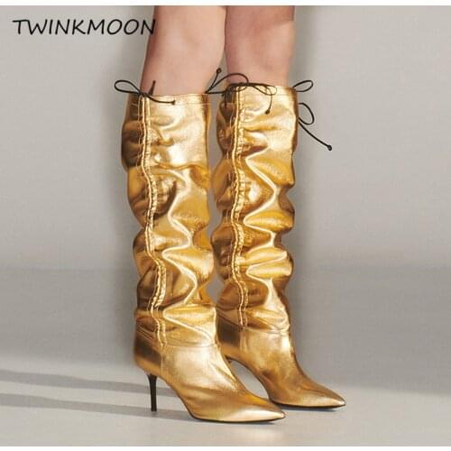 Celebrity Over The Knee Boots High Heels Black Gold Women High Boots Adjustable Height Pleated Long Boots Plus Size 34-43