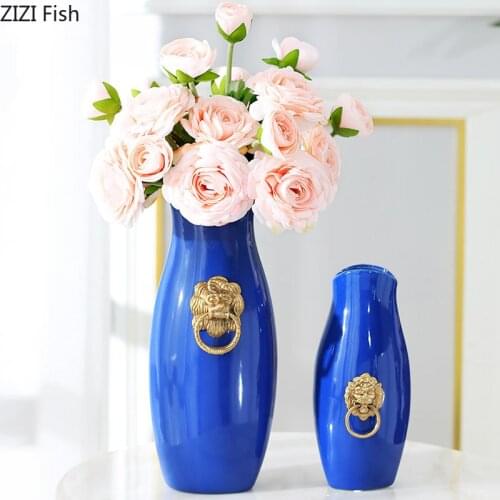 Golden Lion Head Decorative Ceramics Vases Rustic Home Decor Blue Glaze Porcelain Vase Floral Flowers Arrangement Flower Pot