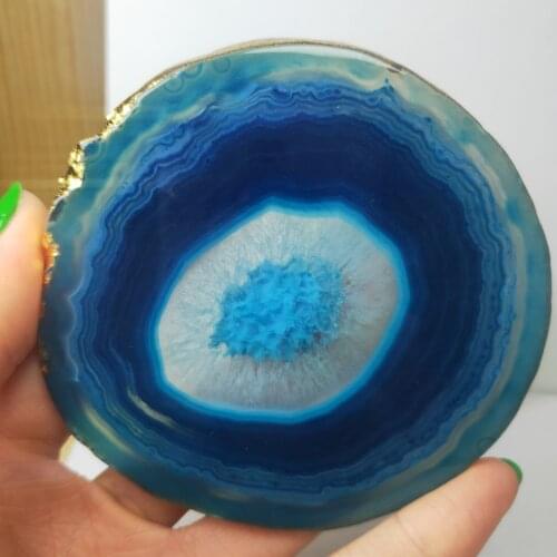 1pcs Natural agate Geode piece insulated coasters crystal board jade agate coasters with gold-plated mineral trim