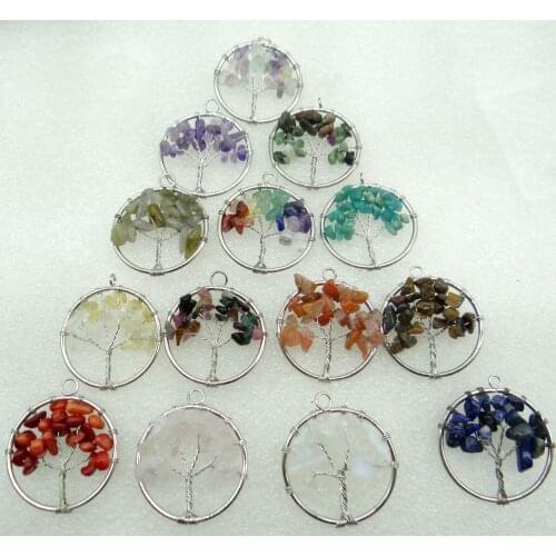 30mm Natural Stone Mix Quartz Crystal Lapis 7 Chakra Healing Reiki Tree of Life Pendant for DIY Jewelry Making necklace12Pc