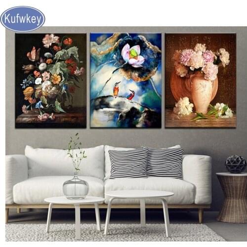 Diy Diamond Painting Embroidery sale flowers and vases 3 Pieces Handmade 3d Picture diamond mosaic drill home Decoration
