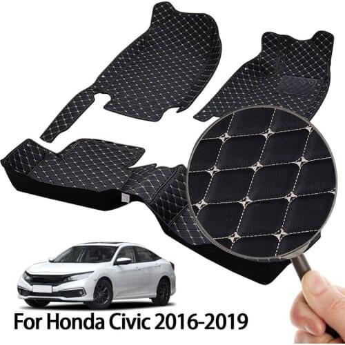 Car Floor Mats for Honda CIVIC 2016-2019 Right Drive Carpet Liner Black PU Leather White Stitchs Floor Protection Mat