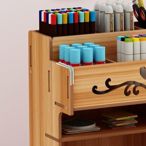 YYDS Wooden Pen Holder with Drawer Multi-Functional Desktop Stationary Pencil Box Home Office Art Supplies Organizer Rack