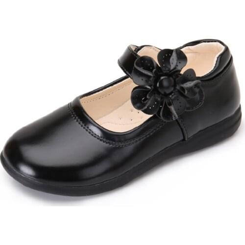 Girls Mary Jane School Uniform Shoes Genuine Leather Childrens Shoes Big Flower Kids Black Shoes Girls Flats For Spring Summer
