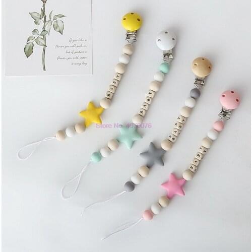 DHL 50pcs Personalized Name Handmade Pacifier Clips Holder Chain Silicone Pacifier Chains Five Star Baby Teether Teething Chain