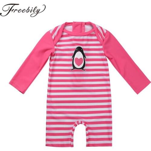 Kids Girls One-piece Long Sleeves Rash Guard Penguin Pattern Printed StripedSwimsuit Toddler Swimwear Baby Girls Bathing Suit