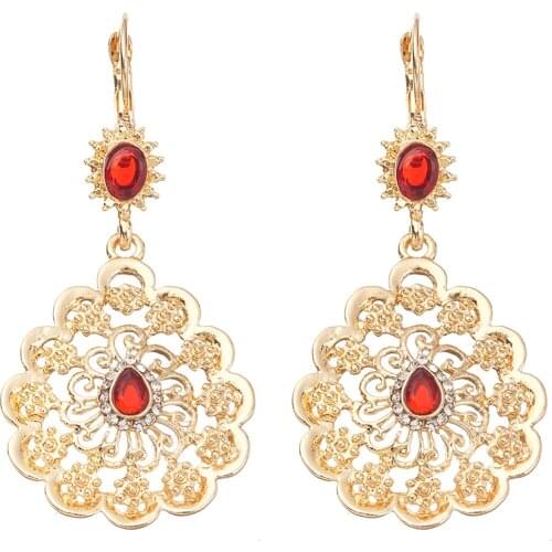 Morocco Cafetan Wedding Gold Earrings Red and Green Stone Fashion Jewelry Alloy Premium Earrings Wholesale