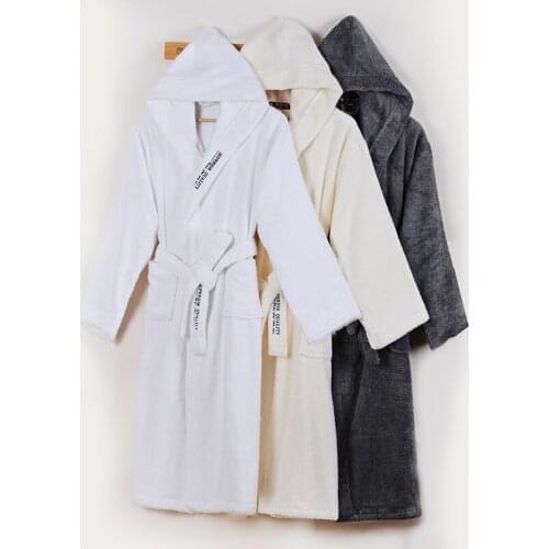 Mens Bathrobe Winter Cotton Hooded Women Robe Male Warm Long Bathrobes Comfort Gray Bath Robe Kimono Robe Thick Warm Soft