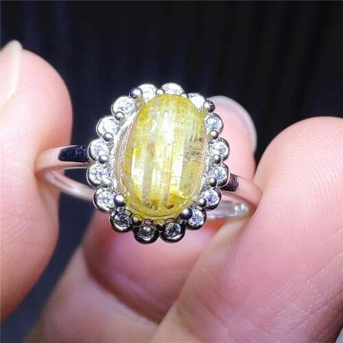 Genuine Natural Gold Rutilated Quartz Adjustable Men Ring Crystal 10x8mm Oval 925 Sterling Silver Wealthy Stone Ring AAAAAA