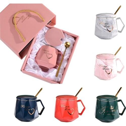 Mugs Coffee Cups 300ML Diamond Shape Ceramic Cup Set Gift Box Set Crown Mug Ceramic Coffee Mugs Have Lid Spoon Wedding Present
