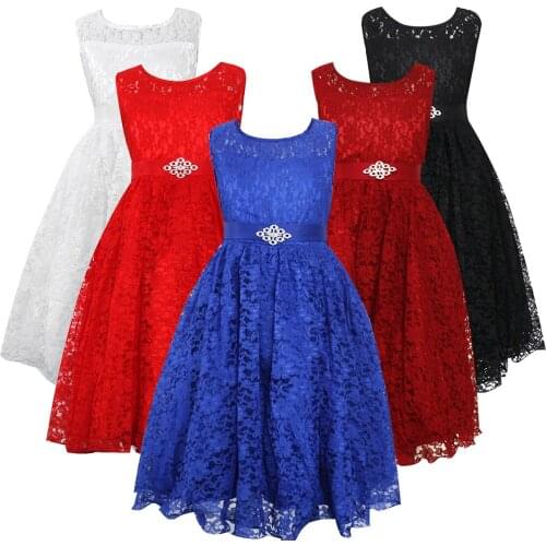 Lace Dress for Girls Sleeveless Artifical Diamond Belt Multi-Layer with Cotton lining O-Neck Summer Daily Dresses