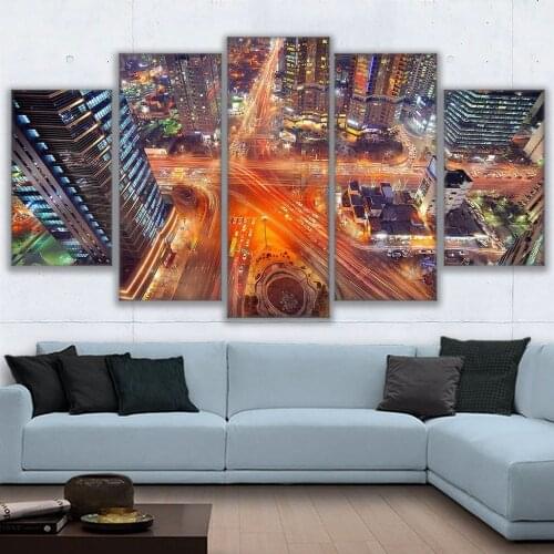 Wall Art Home Decor Seoul Korea At Night Overhead Cityscape Canvas Paintings HD Print Frames for Living Room 5 Pieces