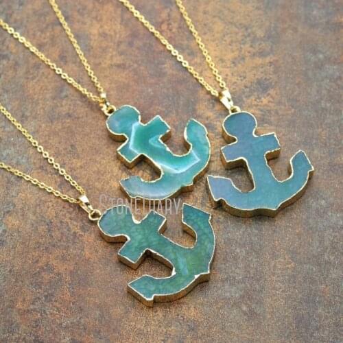 Gold Color Anchor Necklace Green Blowout Agates Necklace 18inch-32inch NM12401