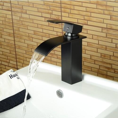 Bathroom soild brass oil rubbed bronze waterfall basin faucet black square faucets deck mounted waterfall water tap
