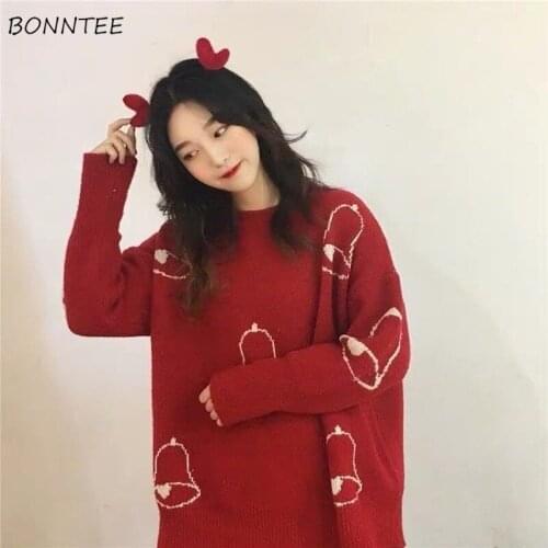 Pullovers Women Sweater All-match Knitting O-Neck Trendy Thicker Ulzzang Christmas Pattern Red Loose Mujer Clothing Print Daily