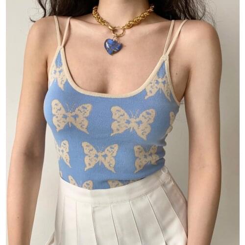 Print Butterfly Sleeveless Sexy Cami Top Women Y2K Aesthetic Backless Spaghetti Strap Ribbed Knit Crop Top Party Camisole Summer