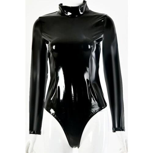 Faux Latex High Cut Sexy Long Sleeve Bodysuit Wetlook Turtleneck PVC Catsuit Body Sculpting Bodystocking Shiny Cosplay Swisuit
