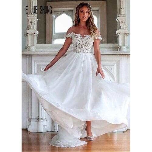 E JUE SHUNG Chiffon Boho Wedding Dress Elegant A Line Scoop Neck Short Sleeves Beaded Lace Appliques Bridal Gown Robe De Mariee