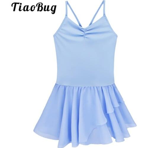 TiaoBug Kids Girls Spaghetti Straps Gymnastics Ballet Leotard Dance Wear Tutu Mini Chiffon Dress Children Stage Dance Costume