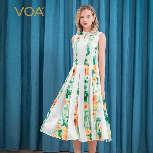 VOA Silk 22m/m Jacquard Half-Collar Sleeveless Mix Material Stitching Self-Expandable Temperament AE185 Summer Dresses for Women