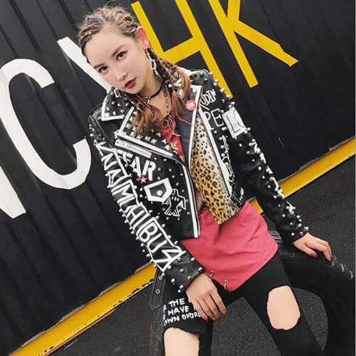 Women Rock Punk Jacket Leather Zipper Rivet Designer Black Metal Graffiti Faux Leather Jacket Woman Motorcycle PU Top Coat