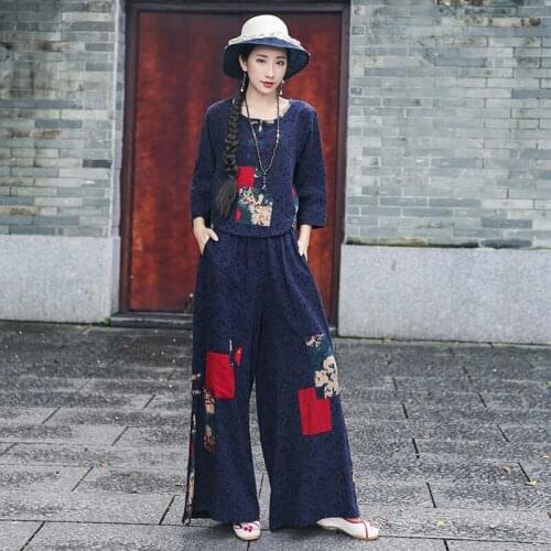 Retro Buckle Cheongsam Top Patchwork Wide-Leg Pants Chinese Style Vintage Elegant Linen Cotton 2 Piece Pants Set Suits 30809