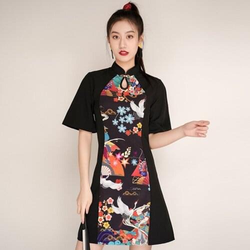 Guochao Womens Black Cheongsam Retro Temperament Fashion Young Girls Daily Chinese Style Improved Dress