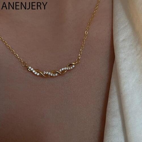 ANENJERY 925 Sterling Silver Twining Zircon Necklaces for Women Simple Light Luxury Clavicle Chain Accessories Wholesale