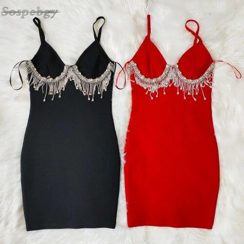 Summer Womens Clothes Halter Rhinestone Tassel Diamond V Neck Bandage Dress Mini Sexy Spaghetti Celebrity Runway Party Dresses